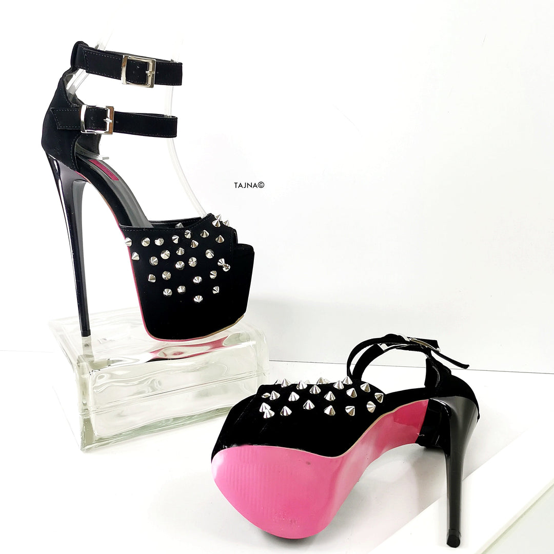 Black Suede Spike Studs Strap Heels - Tajna Club