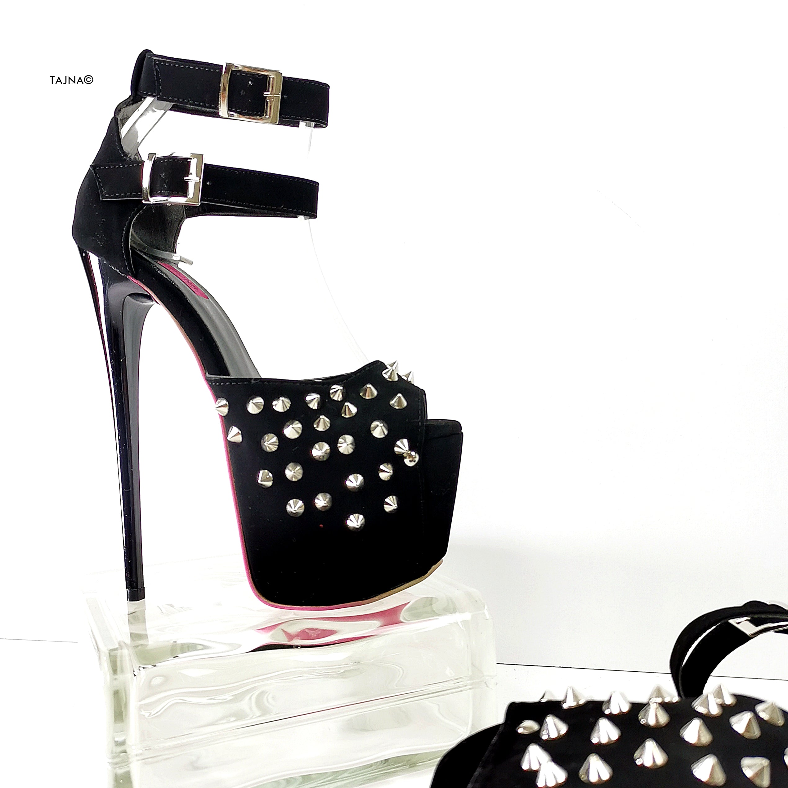 Black Suede Spike Studs Strap Heels - Tajna Club