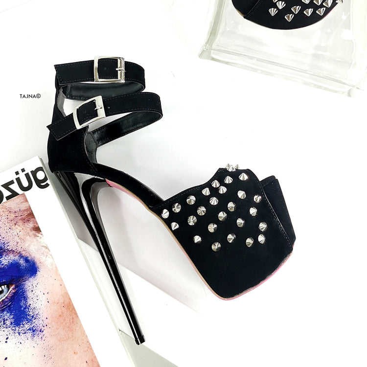 Black Suede Spike Studs Strap Heels - Tajna Club