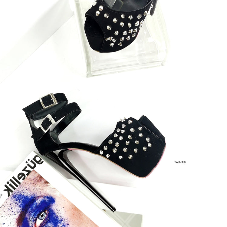 Black Suede Spike Studs Strap Heels - Tajna Club