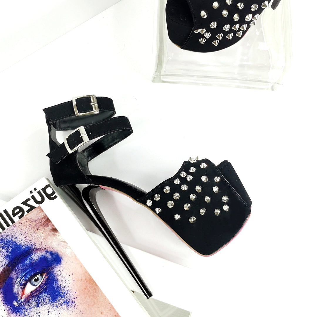 Black Suede Spike Studs Strap Heels - Tajna Club