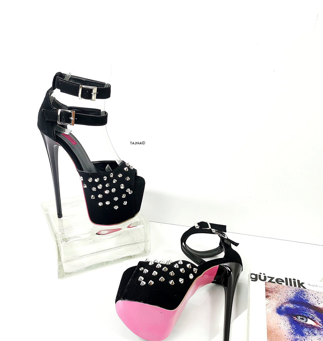 Black Suede Spike Studs Strap Heels - Tajna Club