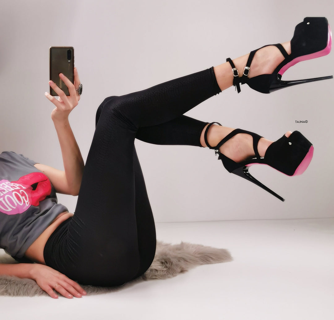 Black Suede Double Belted Ankle Heels - Tajna Club