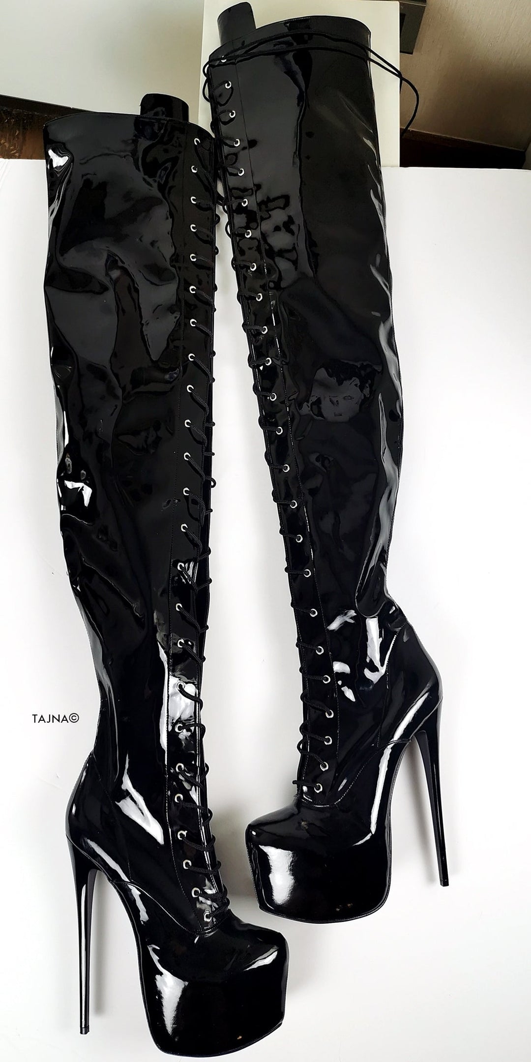 Black Glossy Lace Up Thigh High Boots - Tajna Club