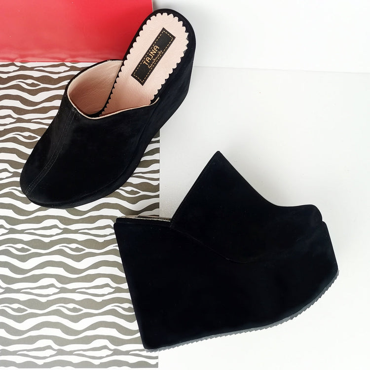 Black Suede Platform Sabo Wedge Mules - Tajna Club