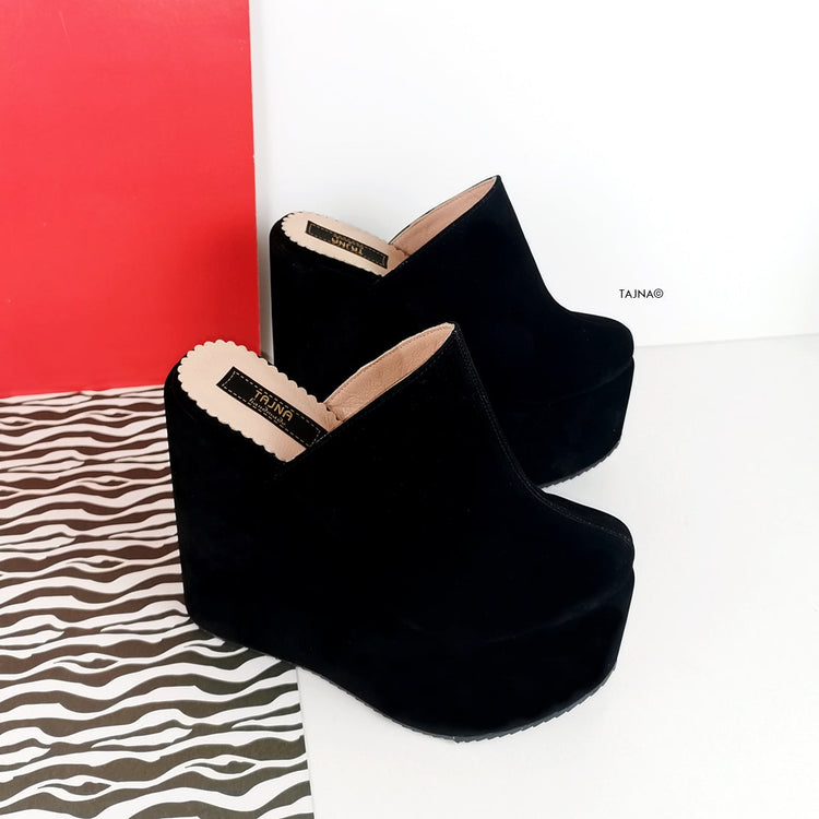 Black Suede Platform Sabo Wedge Mules - Tajna Club