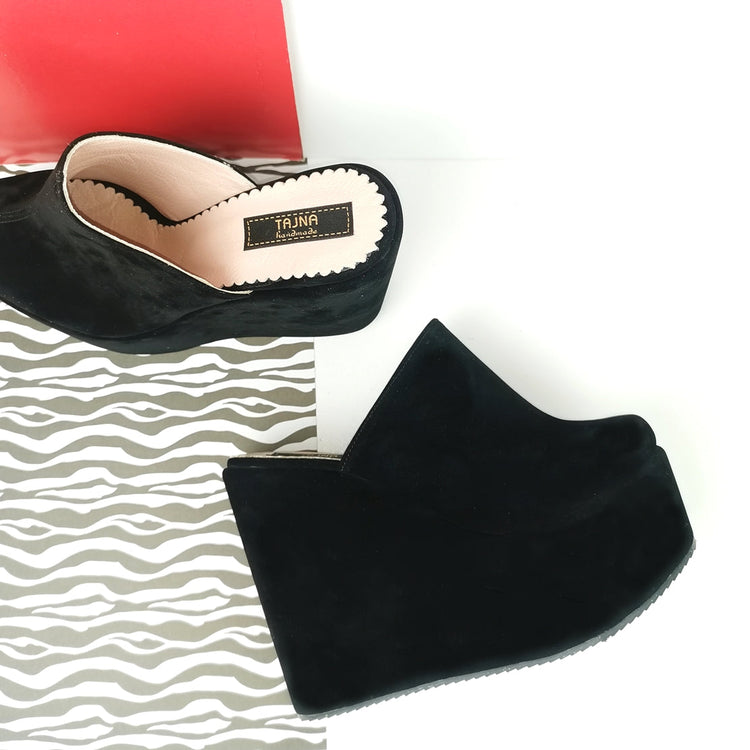 Black Suede Platform Sabo Wedge Mules - Tajna Club
