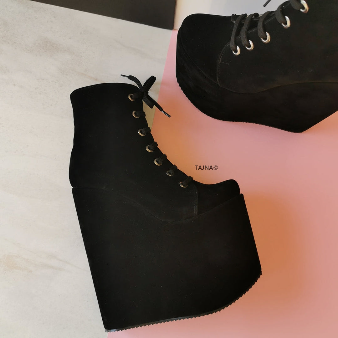 Black Suede  Lace Up Ankle Wedge Booties - Tajna Club