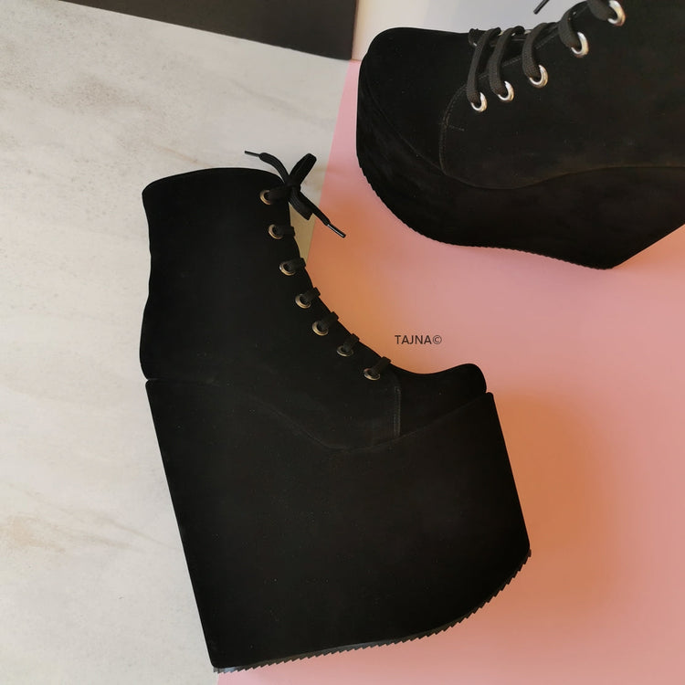 Black Suede  Lace Up Ankle Wedge Booties - Tajna Club