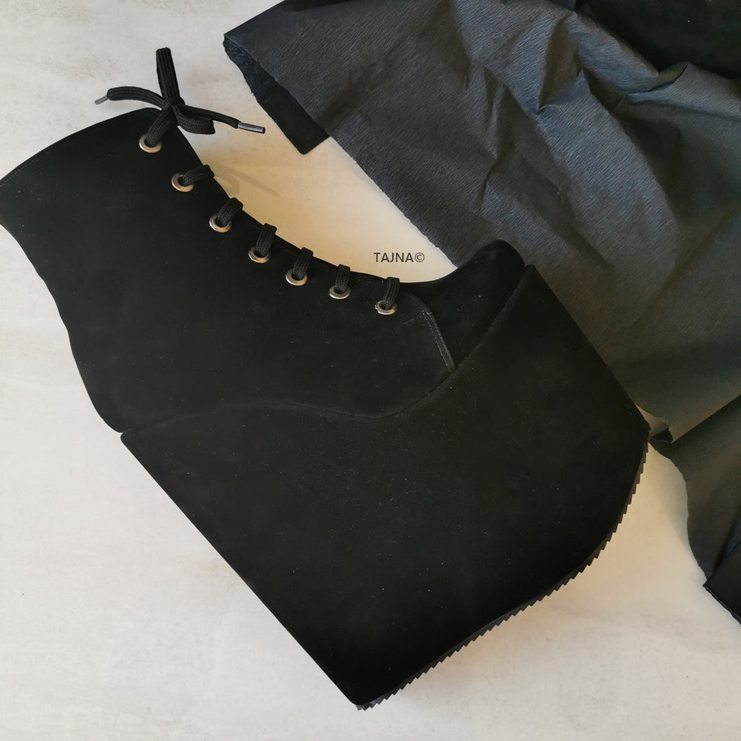 Black Suede  Lace Up Ankle Wedge Booties - Tajna Club