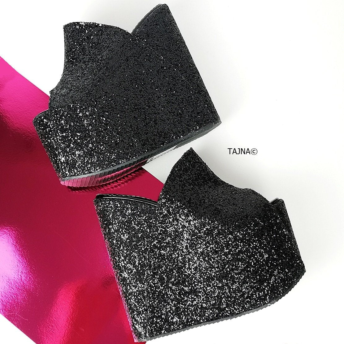 Black Glitter Peep Toe Platform Wedge Mules - Tajna Club