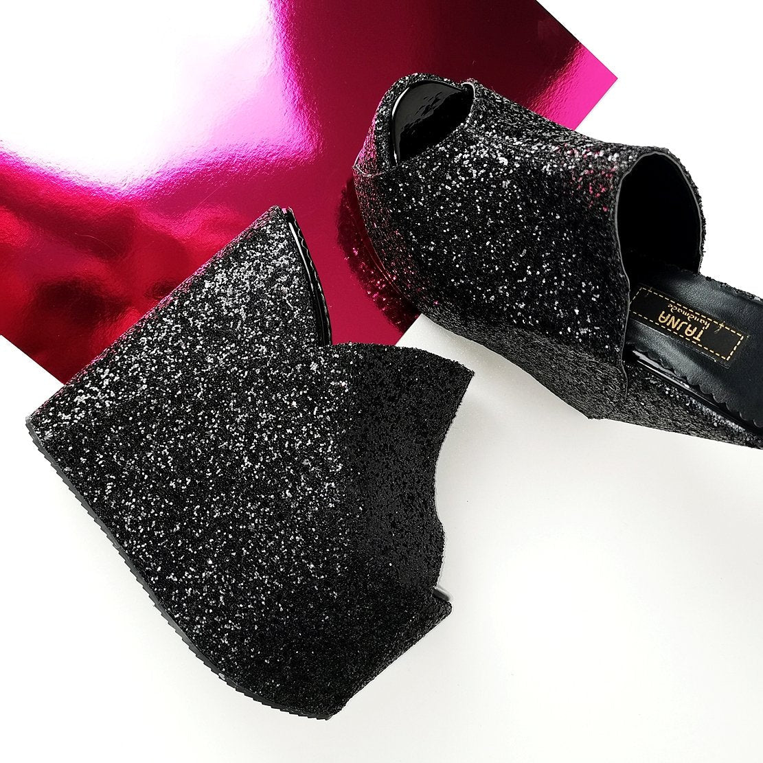 Black Glitter Peep Toe Platform Wedge Mules - Tajna Club