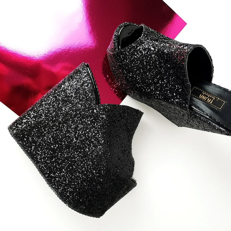 Black Glitter Peep Toe Platform Wedge Mules - Tajna Club