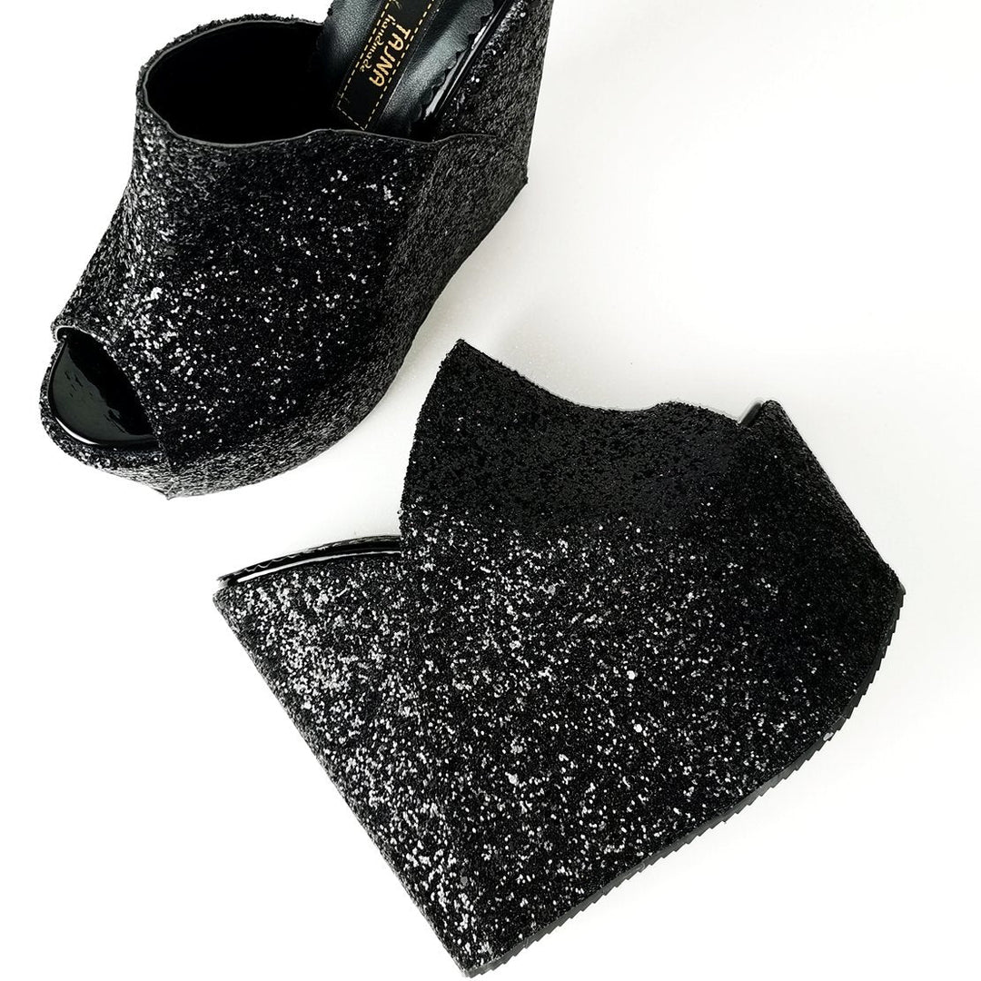 Black Glitter Peep Toe Platform Wedge Mules - Tajna Club