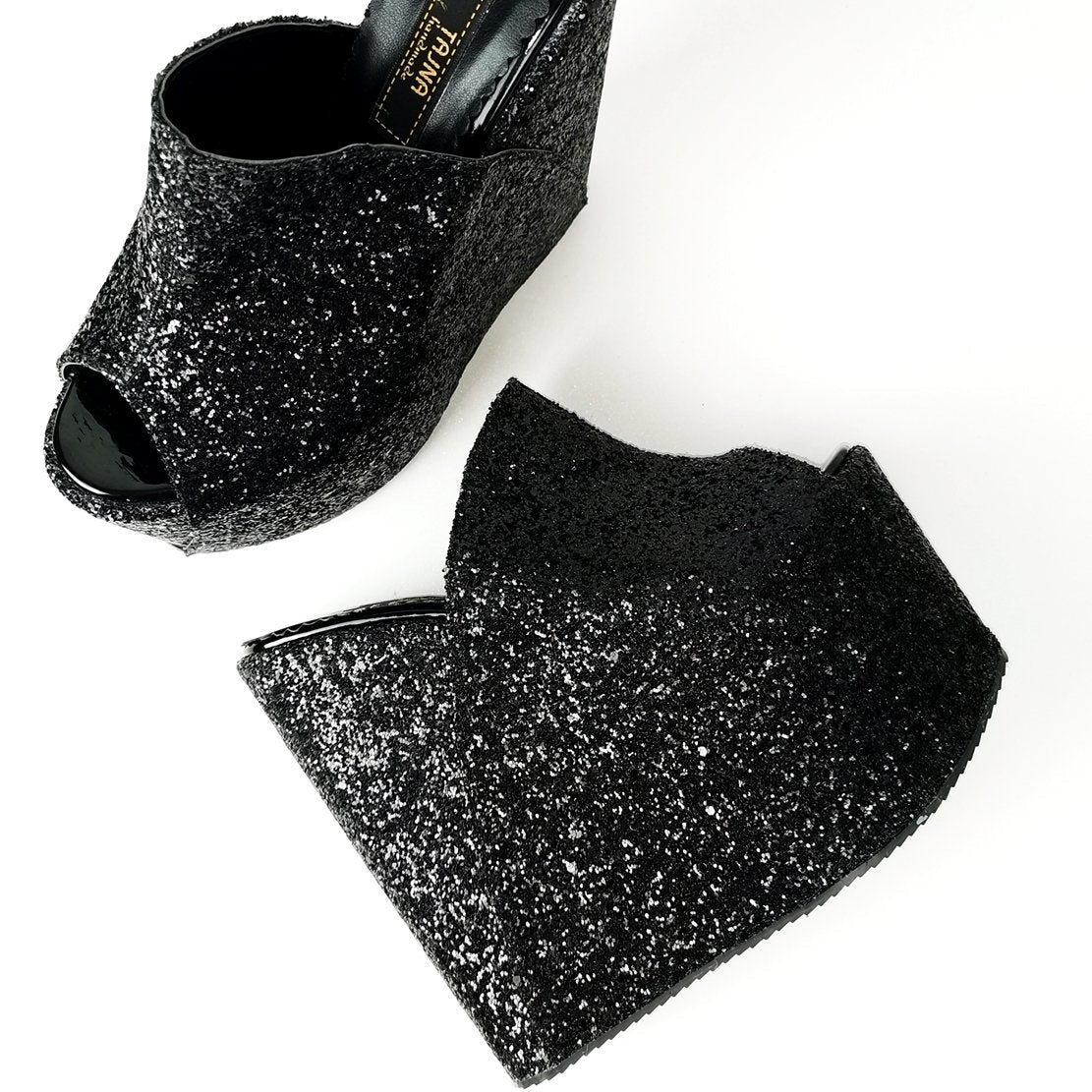 Black Glitter Peep Toe Platform Wedge Mules - Tajna Club