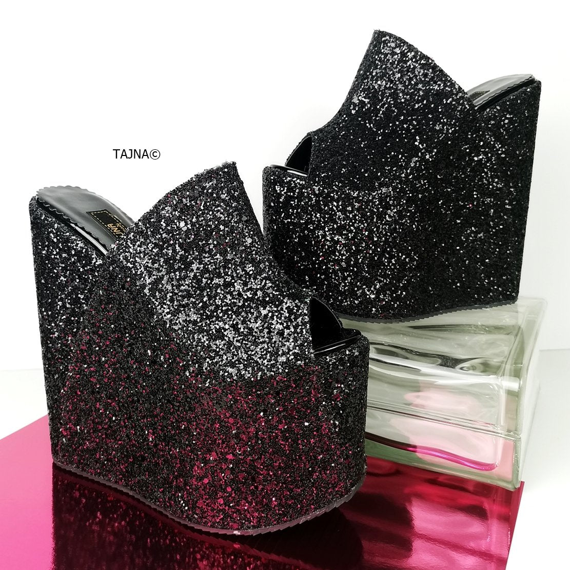 Black Glitter Peep Toe Platform Wedge Mules - Tajna Club