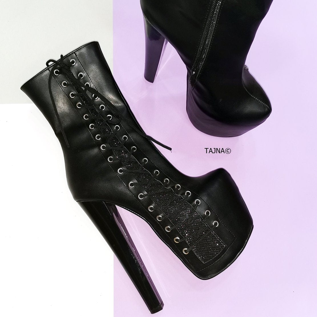 Black Corset Style Platform Chunky Boots - Tajna Club
