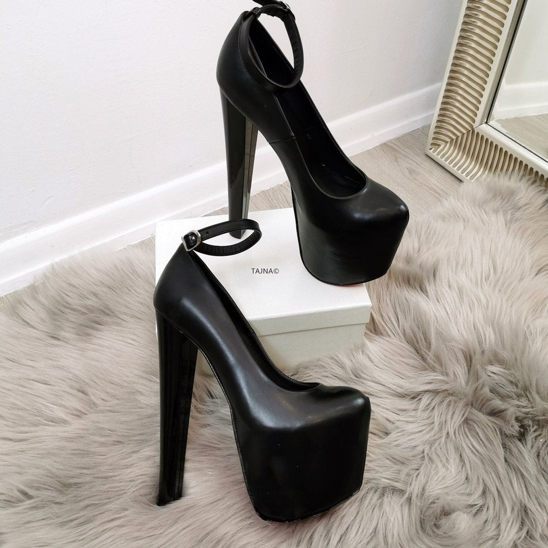 Black Ankle Strap Thick Heels - Tajna Club