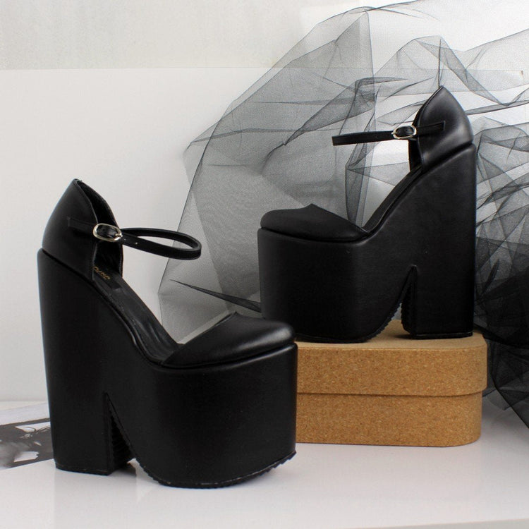 Black Ankle Strap Extreme Platform Wedges - Tajna Club