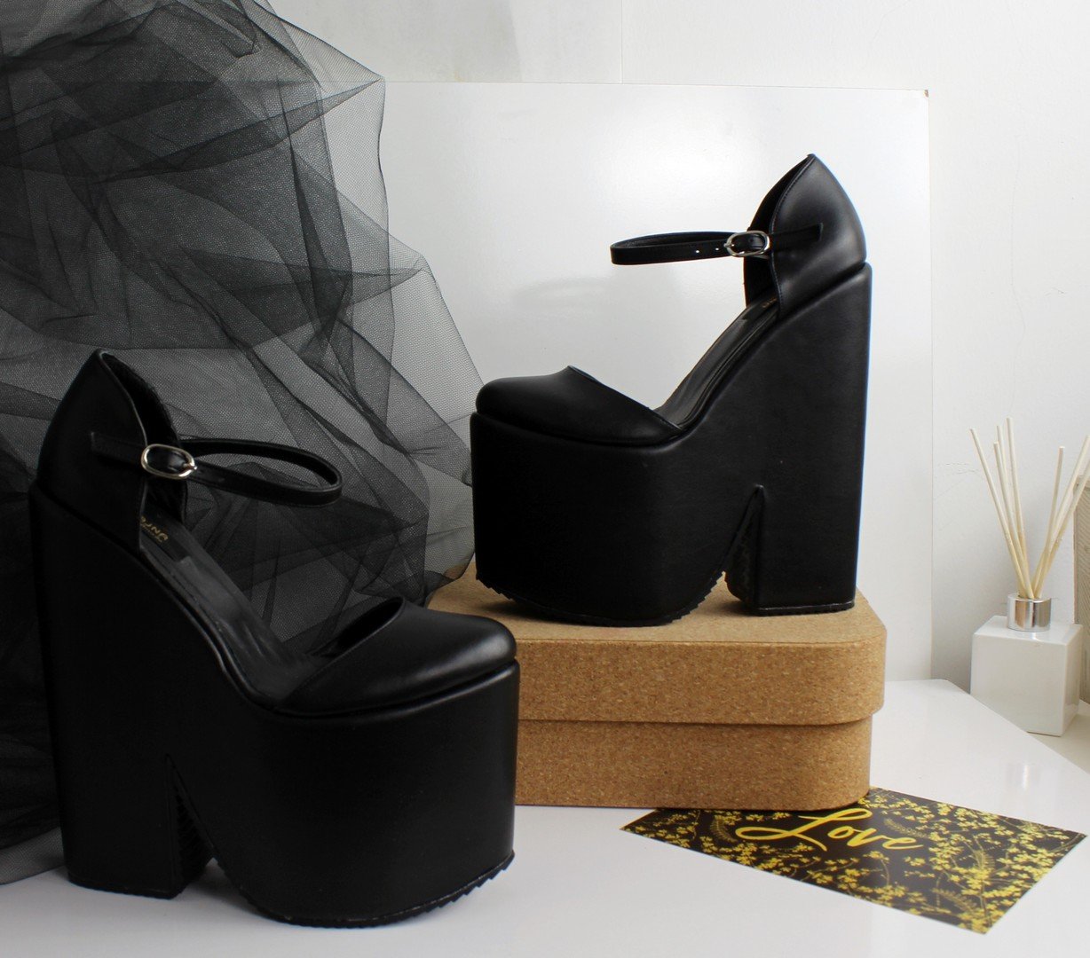 Black Ankle Strap Extreme Platform Wedges - Tajna Club