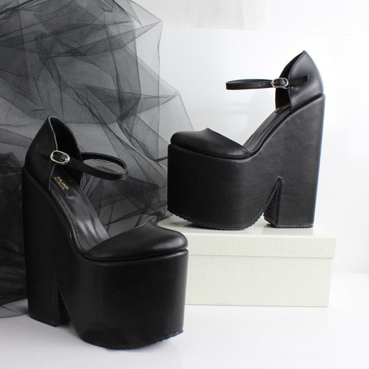 Black Ankle Strap Extreme Platform Wedges - Tajna Club