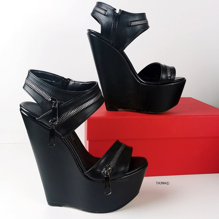 Black Zipper High Heel Wedge Sandals - Tajna Club