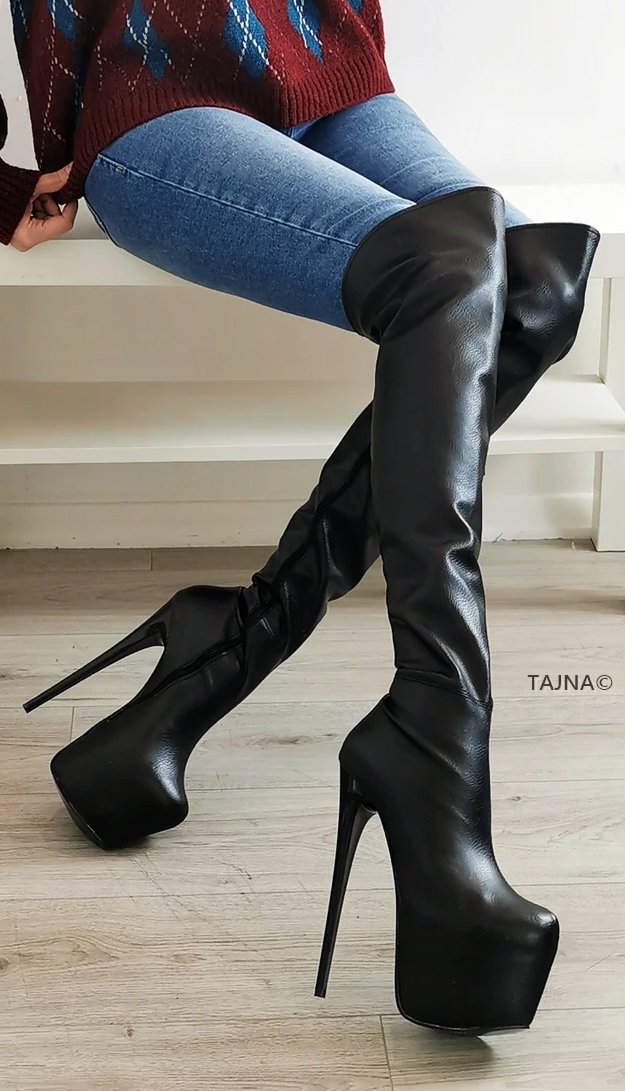 Black Matte Half Strech Knee High Boots - Tajna Club