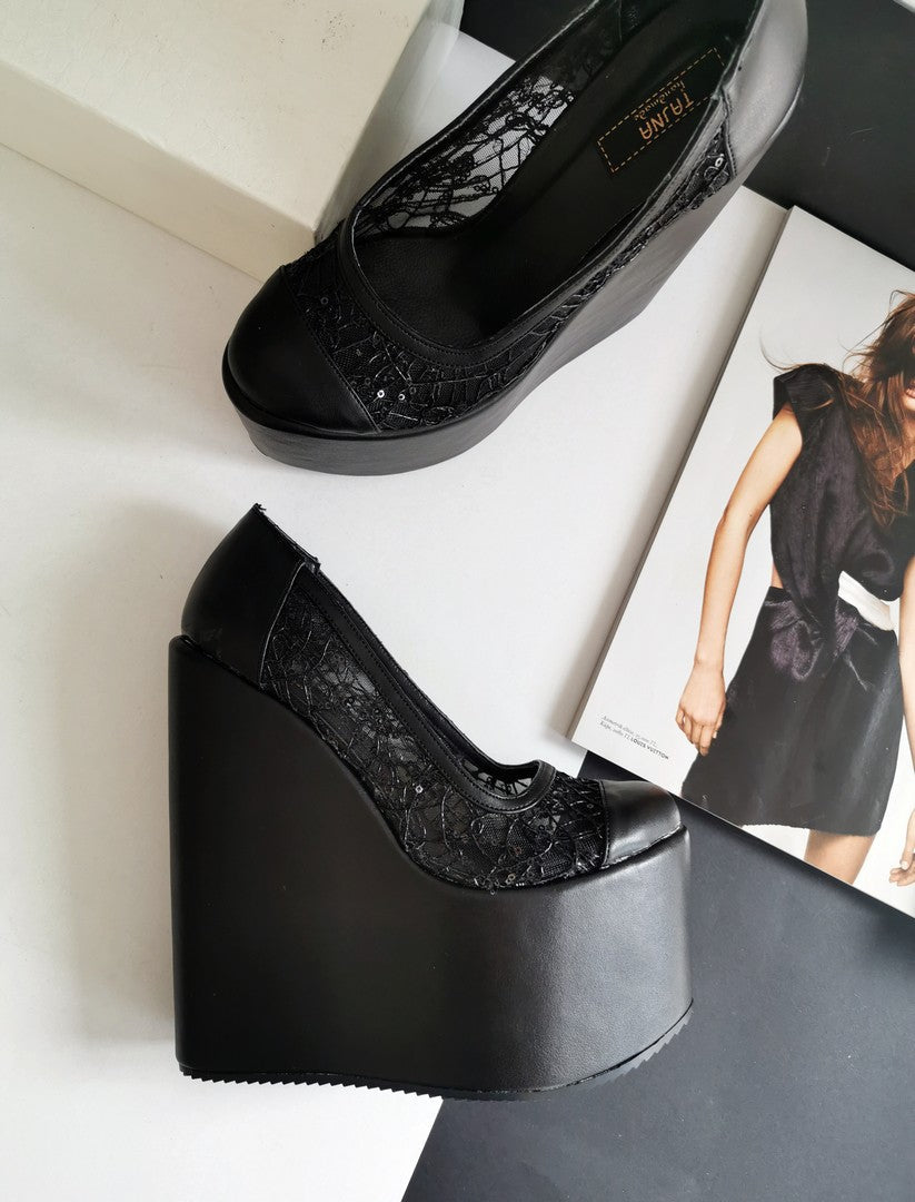 Black Lace  High Heel Wedges - Tajna Club