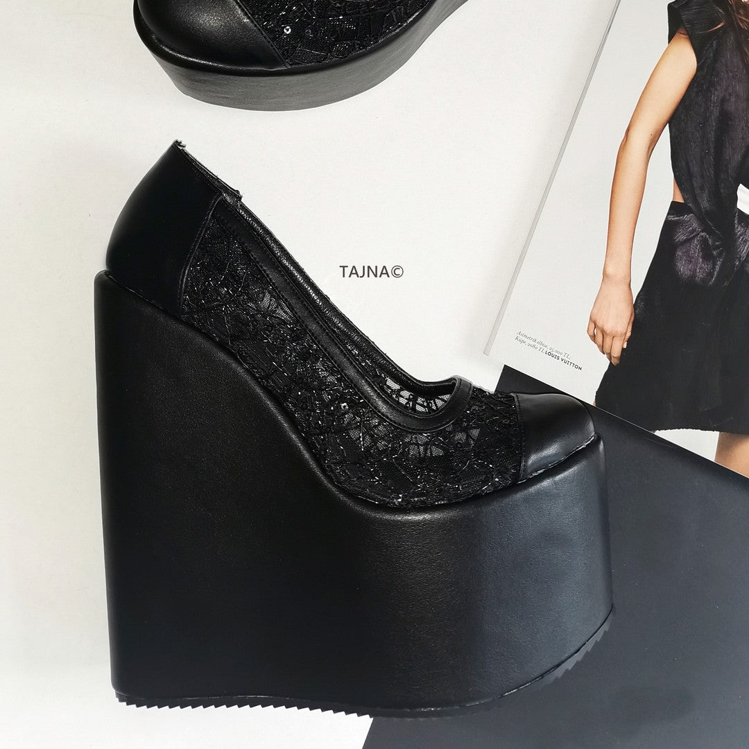 Black Lace  High Heel Wedges - Tajna Club