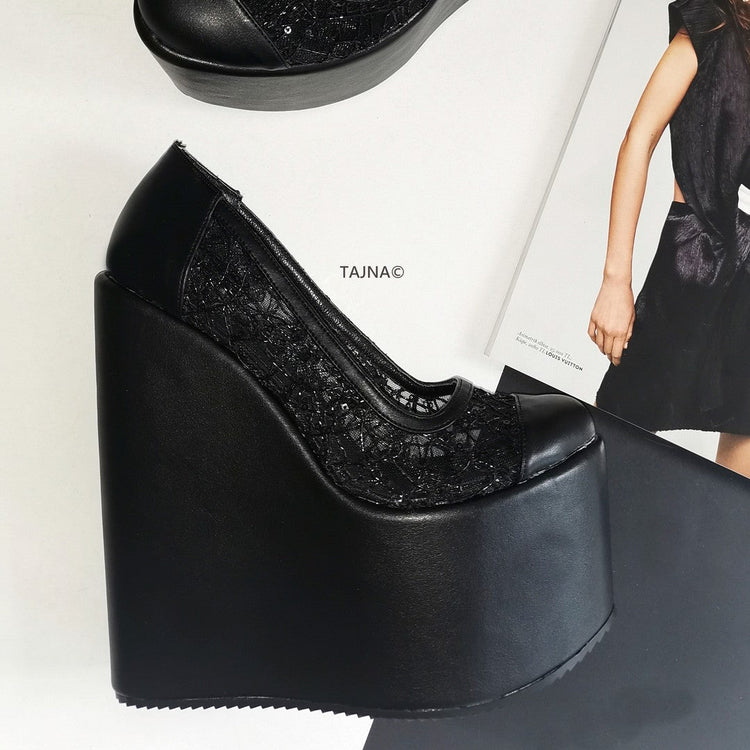 Black Lace  High Heel Wedges - Tajna Club