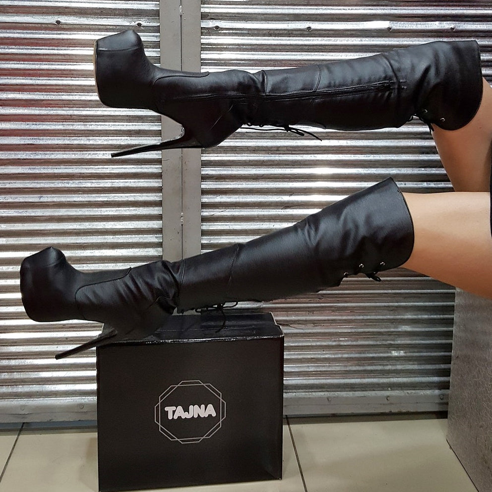 Black Knee High Pencil Heel Boots Tajna Shoes Tajna Club