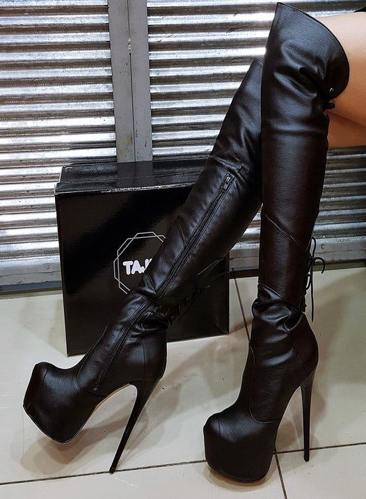 Black Knee High Pencil Heel Boots - Main Image