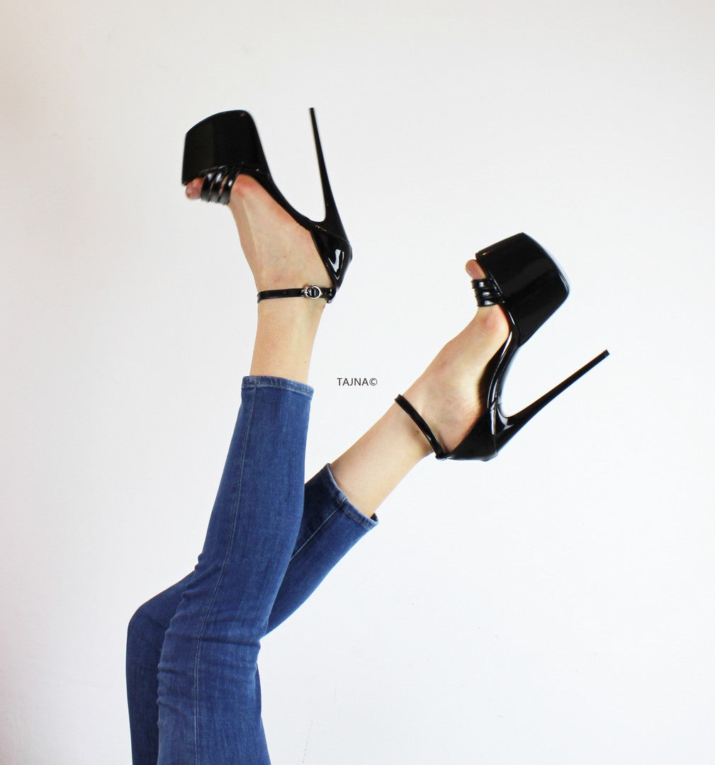 Black Patent Ankle Strap Platform High Heels - Tajna Club