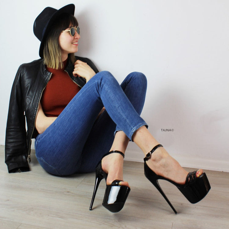 Black Patent Ankle Strap Platform High Heels - Tajna Club