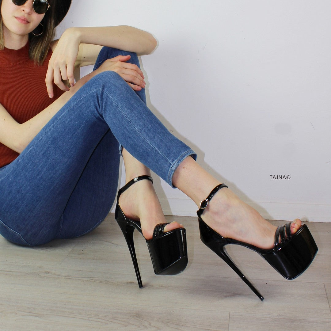 Black Patent Ankle Strap Platform High Heels - Tajna Club