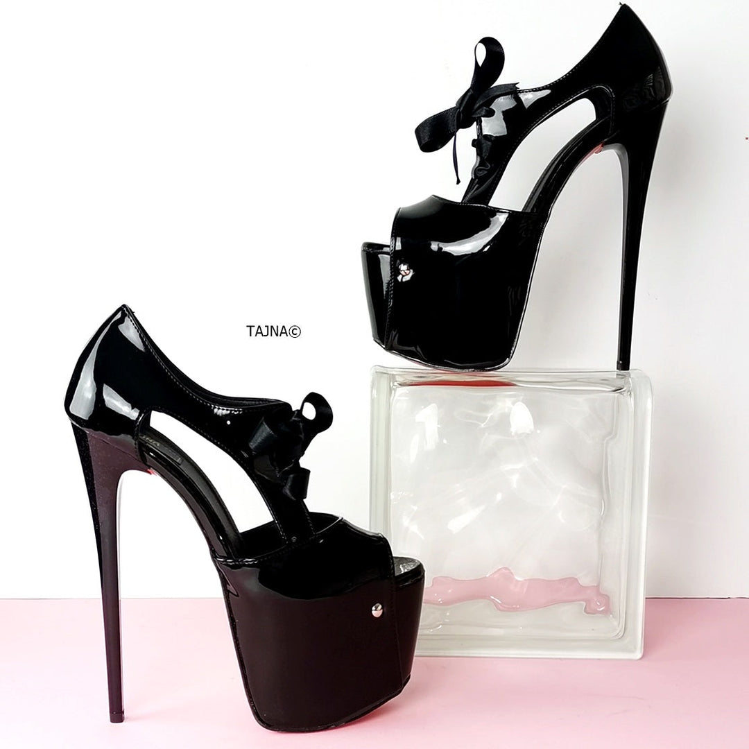 Black Patent Lace Up Ankle Heels - Tajna Club