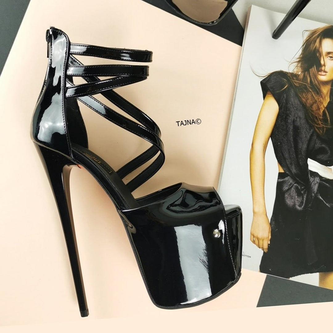 Black Patent Cross Strap High Heels - Tajna Club