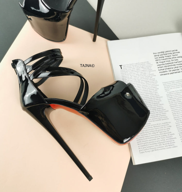 Black Patent Cross Strap High Heels - Tajna Club