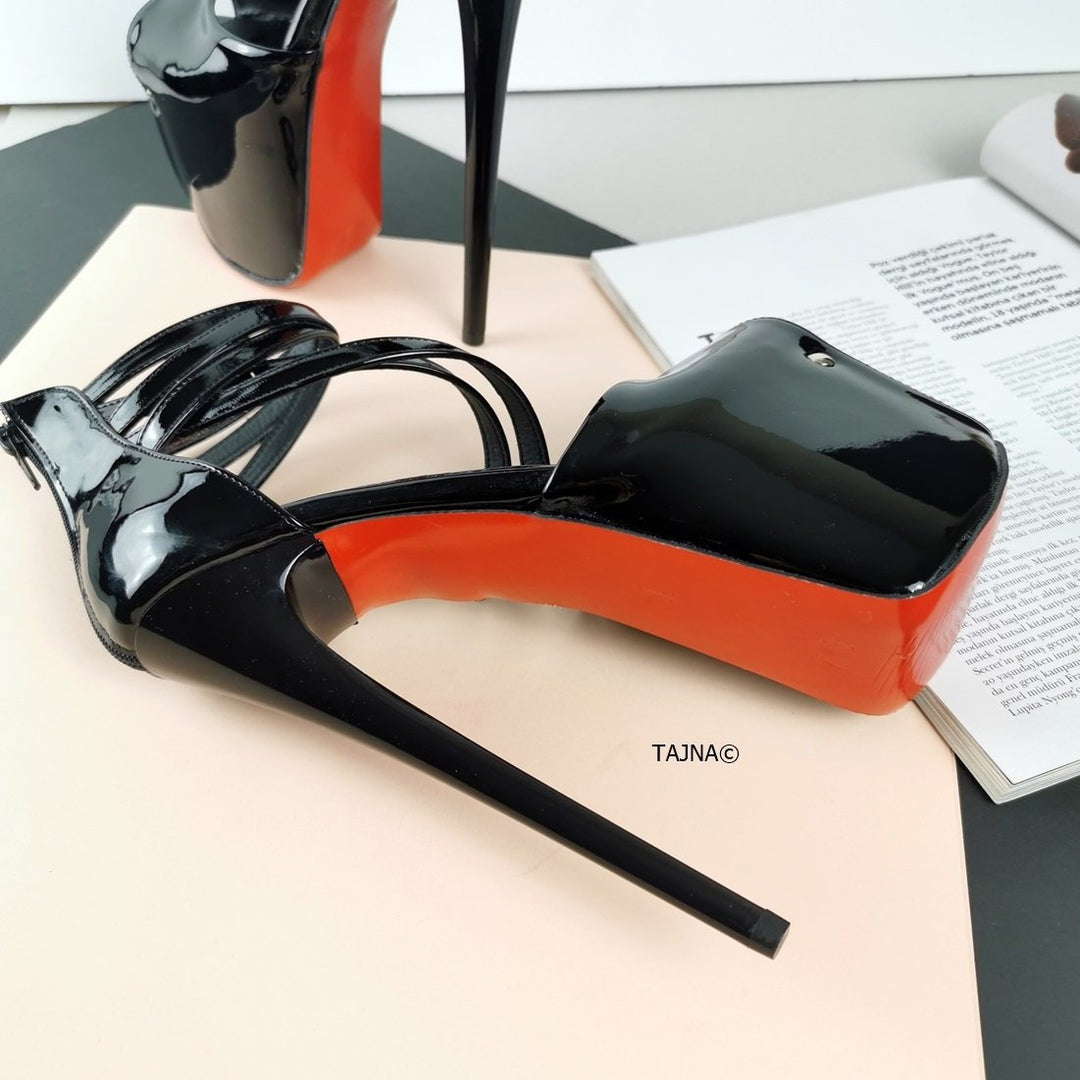 Black Patent Cross Strap High Heels - Tajna Club