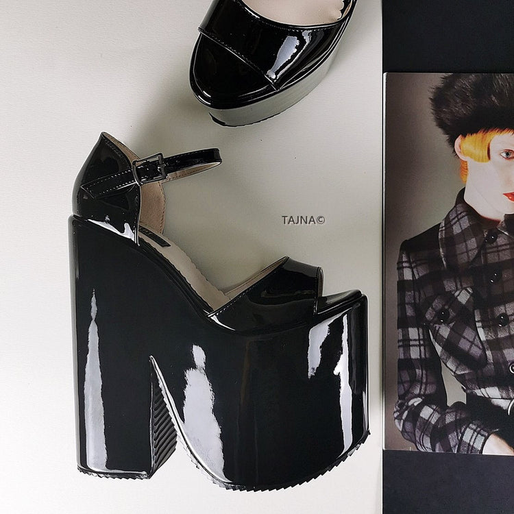 Black Patent Extreme Heel Strap Wedge Shoes - Tajna Club