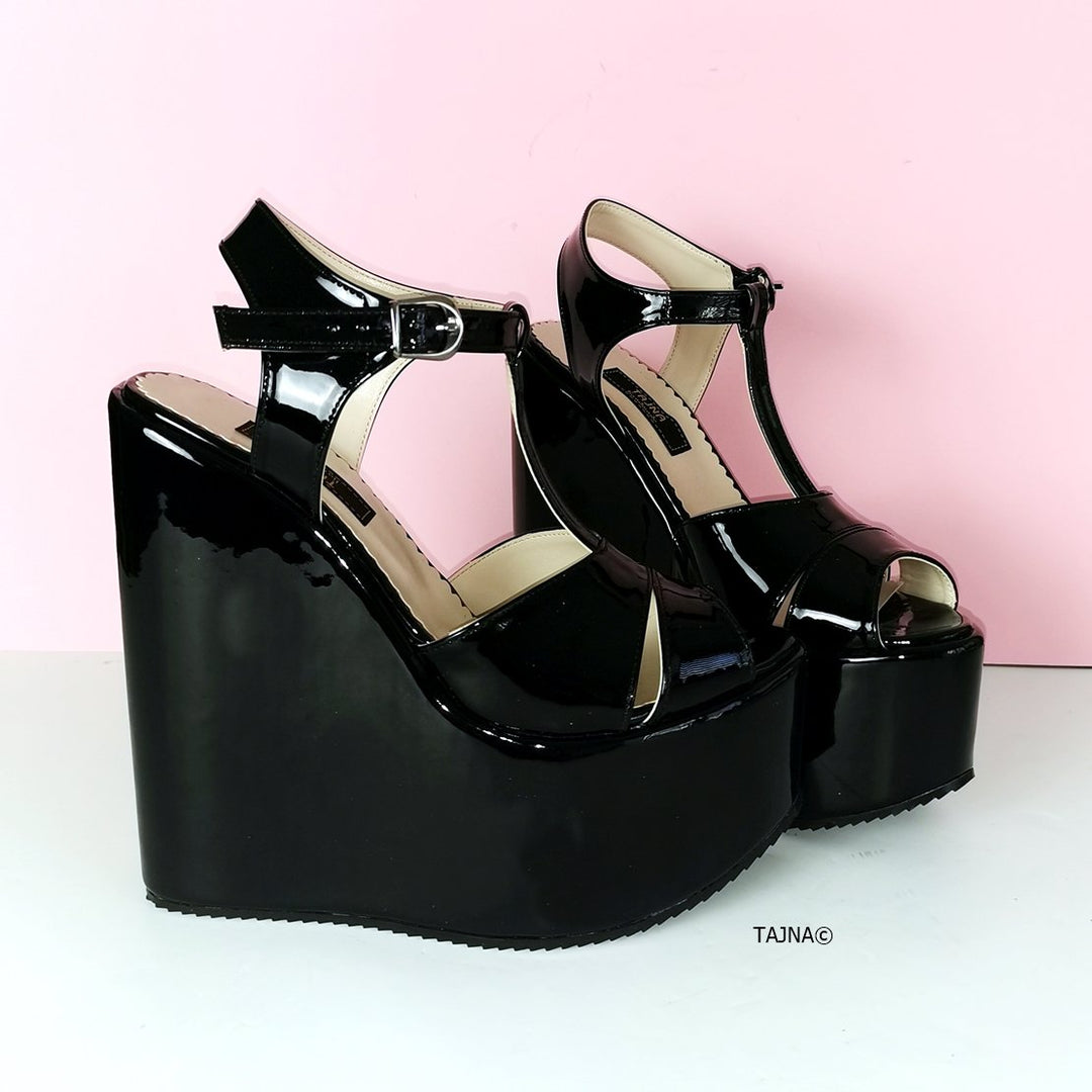 Black Patent Extreme Heel Wedge Sandals - Tajna Club