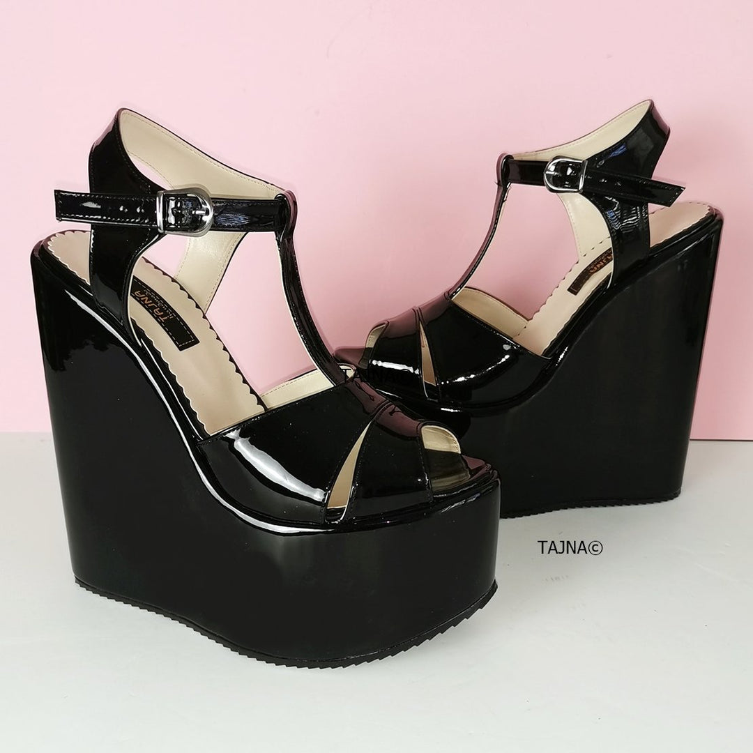 Black Patent Extreme Heel Wedge Sandals - Tajna Club