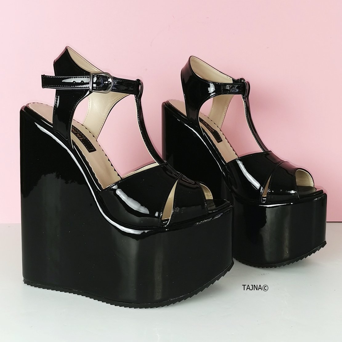 Black Patent Extreme Heel Wedge Sandals - Tajna Club