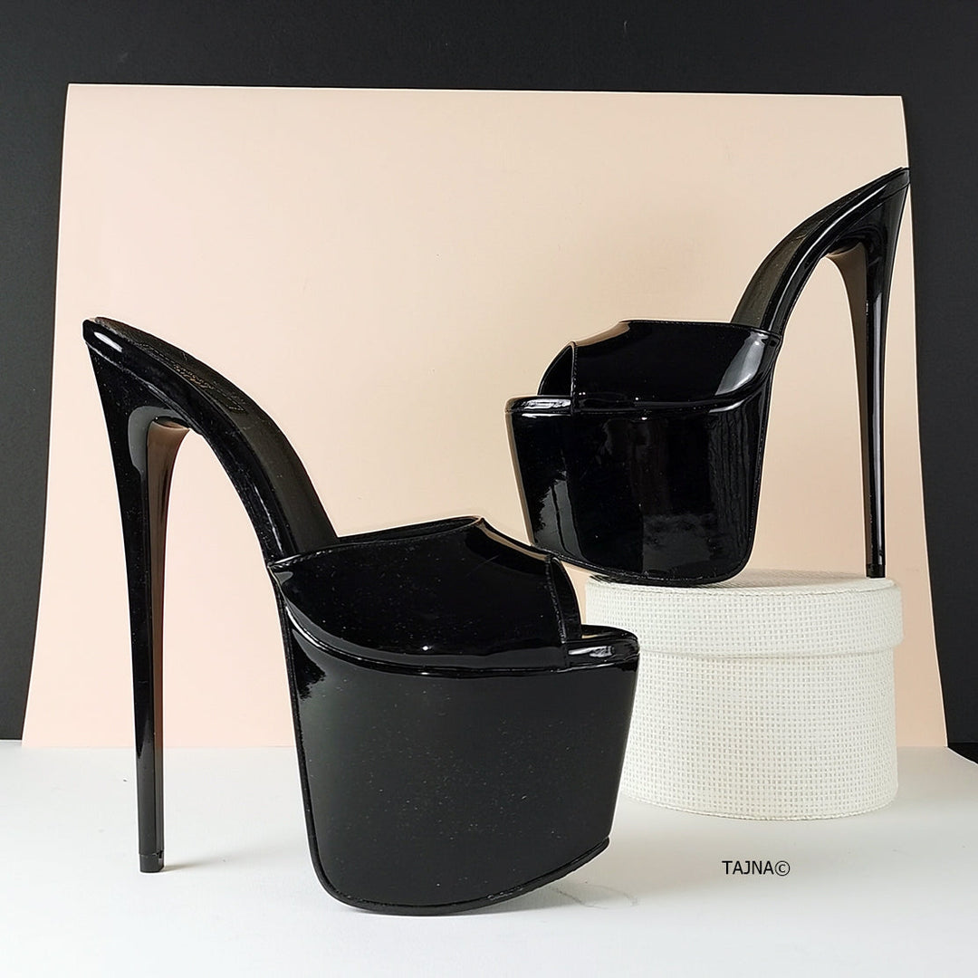 Hot Black Patent High Heel Mules - Tajna Club