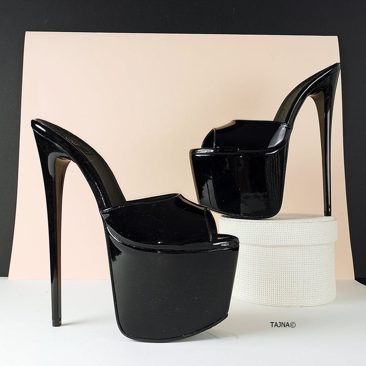 Hot Black Patent High Heel Mules - Tajna Club