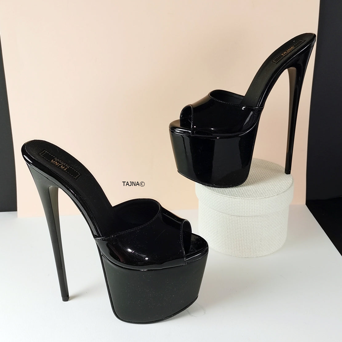 Hot Black Patent High Heel Mules - Tajna Club