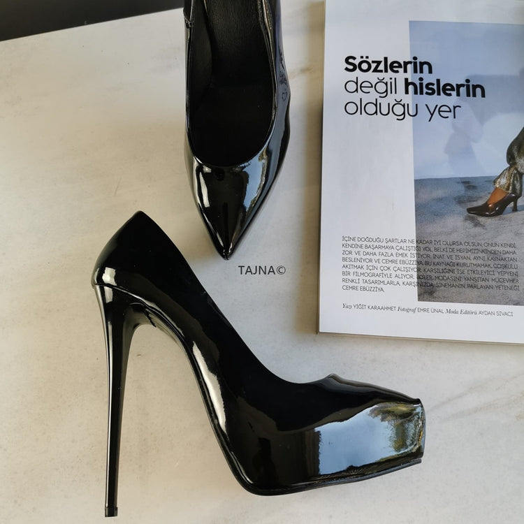 14 cm Platform Stiletto Black Patent - Tajna Club