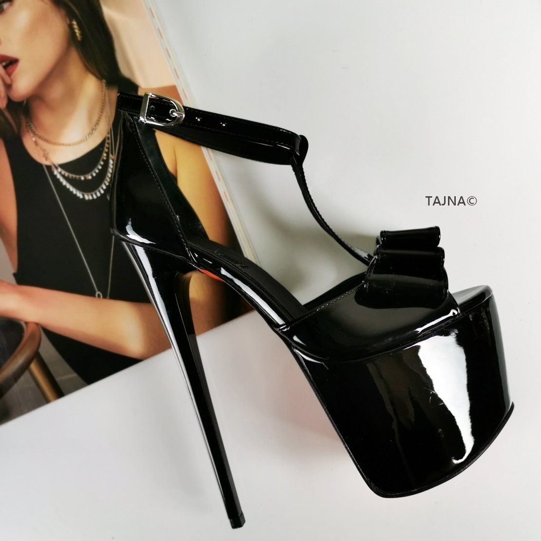 Black Patent Ribbon High Heel Platforms - Tajna Club