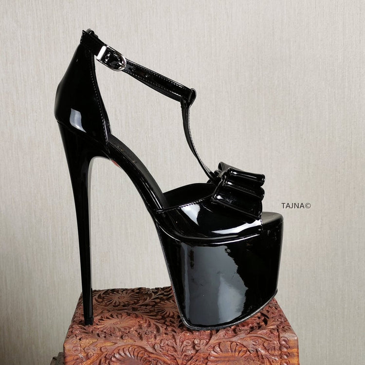 Black Patent Ribbon High Heel Platforms - Tajna Club