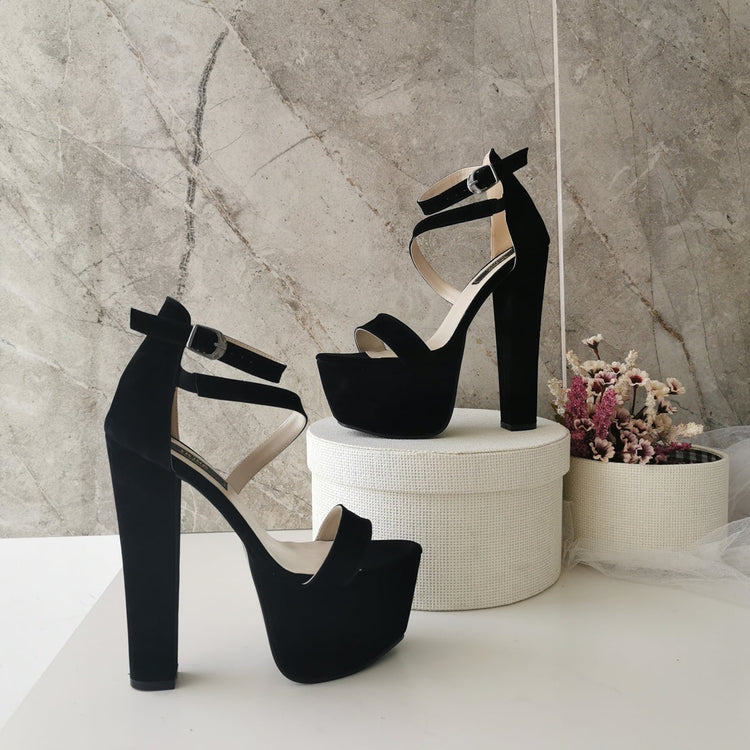 Black Suede Single Strap Platforms - Tajna Club